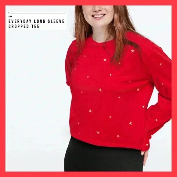 🆕PINK EVERYDAY LONG SLEEVE STARS CROPPED TEE L🆕 - Picture 1 of 4